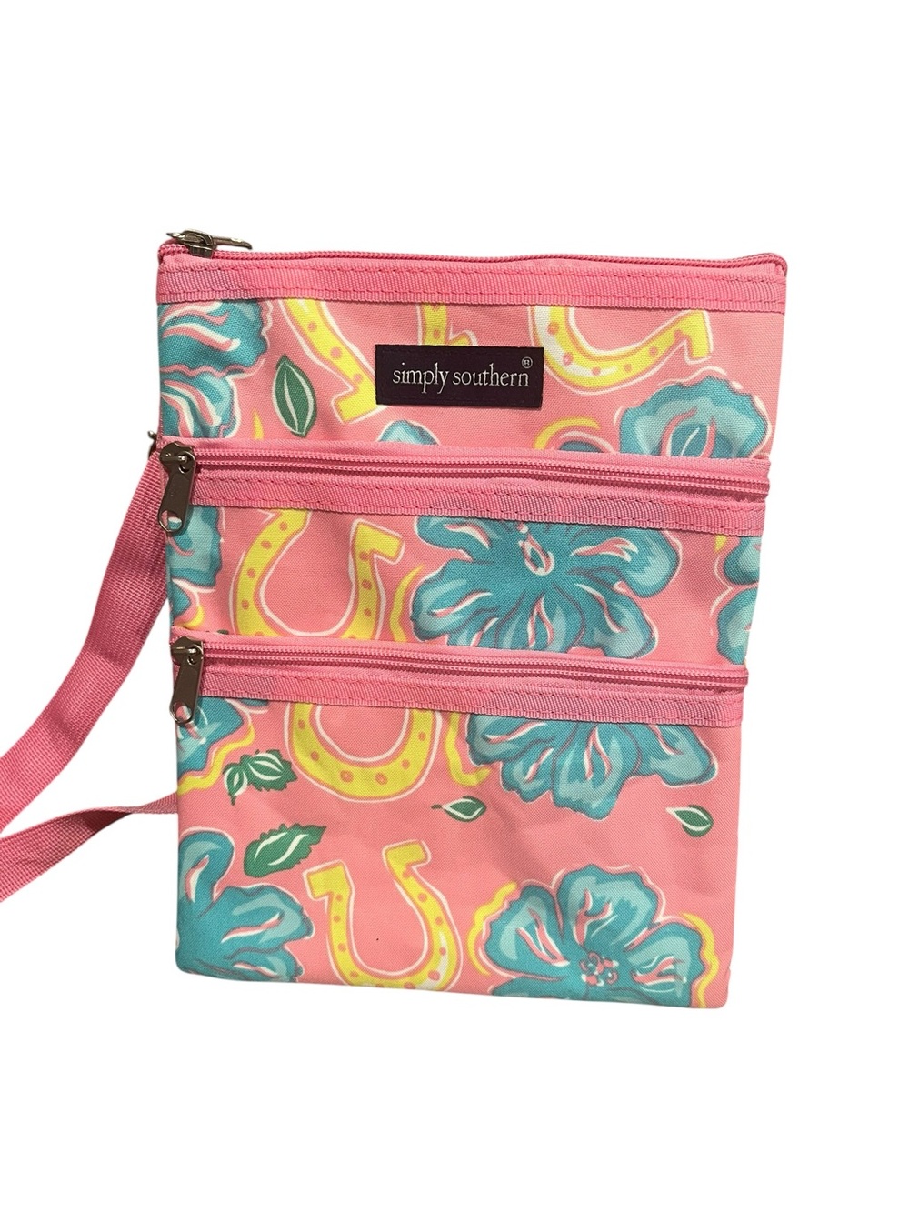 Simply Southern Crossbody Bag Pink Tropical Horseshoes Pockets Zippered